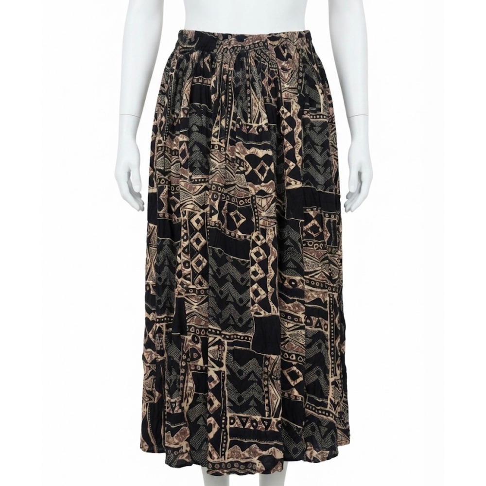 EKLOZ Plus 3X Black Tan Geometric Print Rayon Maxi Skirt Boho Grunge Indie 90s